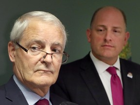 Federal Transportation Minister Marc Garneau, visiting here with Mayor Drew Dilkens in Windsor, Oct. 20, 2017, said that the Gordie Howe International Bridge will be built and that the Ambassador Bridge, if it's to be replaced, must come down.