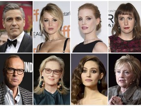 This combination photo shows, top row from left, George Clooney, Jennifer Lawrence, Jessica Chastain, Lena Dunham, bottom row from left, Michael Keaton, Meryl Streep, Emmy Rossum and Hillary Clinton, who have commented on the sexual harassment allegations against Harvey Weinstein.