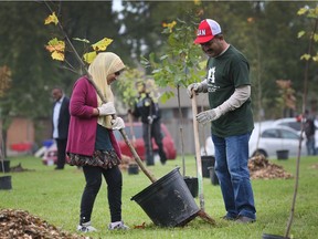 To celebrate Canada's 150th and Windsor's 125th, the Ahmadiyya Muslim Community of Windsor planted 150 trees in Forest Glade on Saturday, Oct. 14, 2017. Sanaa Mian and her father Waseem Kaleem Mian plant a tree during the event.