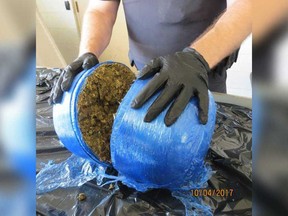 A ball-shaped parcel filled with marijuana that was seized at the Ambassador Bridge by the Canada Border Services Agency on Oct. 4.