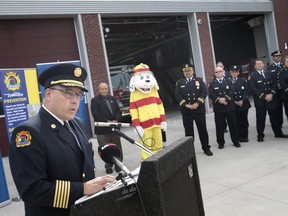 Windsor Fire and Rescue Chief Stephen Laforet speaks at the kickoff of Fire Prevention Week at Fire Station 2 on Oct. 10, 2017. This year's theme is "Every second counts. Plan 2 ways out."