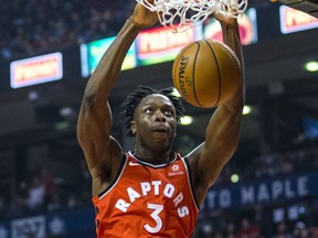 Toronto Raptors OG Anunoby dunks during an NBA game against the Chicago Bulls at the Air Canada Centre in Toronto on Oct. 19, 2017.