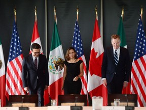 Minister of Foreign Affairs Chrystia Freeland meets for a trilateral meeting with Mexico's Secretary of Economy Ildefonso Guajardo Villarreal, left, and Ambassador Robert E. Lighthizer, United States Trade Representative, during the final day of the third round of NAFTA negotiations at Global Affairs Canada in Ottawa on Sept. 27, 2017. The NAFTA countries haven't broken up. But they are publicly bickering. They are delaying their next get-together date. And they appear to have agreed they won't be resolving their differences by the end of this year.