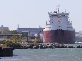 A lake freighter sits docked at a port in Olde Sandwich Town, west of the Ambassador Bridge,  on Oct. 17, 2017.