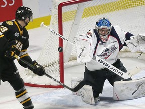 Windsor Spitfires goalie Mikey DiPietro, seen in action earlier this season against the Sarnia Sting, will be a major factor in his team's hopes for an upset in the quarter-final series.