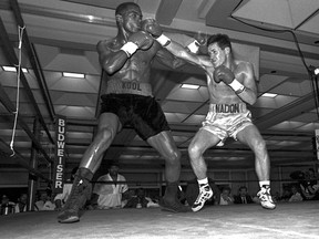 Seen in this 1990 photo, odd Nadon lands punch during victory over Kevin Hicks. The former IBO Super Middleweight champion will be inducted in the Windsor/Essex County Sports Hall of Fame.