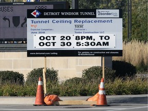 A sign warning motorists in downtown Windsor of the Detroit-Windsor Tunnel closure is shown on Oct. 20, 2017.