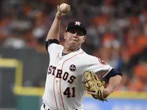 Houston Astros starting pitcher Brad Peacock throws during the eighth inning of Game 6 of baseball's American League Championship Series against the New York Yankees Friday, Oct. 20, 2017, in Houston. (AP Photo/Eric Christian Smith)