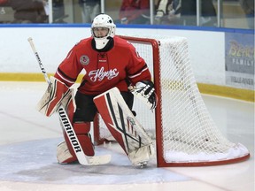 Leamington Flyers' goaltender Noah Hedrick follows the action against the LaSalle Vipers during the Greater Ontario Junior Hockey League game at the Vollmer Complex in LaSalle on Oct. 11, 2017.