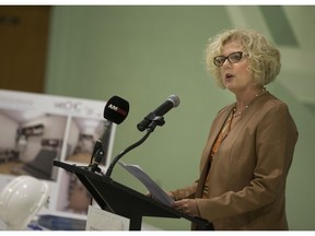 Kathryn Hengl, president of the Windsor Essex Community Health Centre Board, gives remarks at a ground breaking ceremony for the future site of the new WECHC Sandwich location on Oct. 16, 2017.
