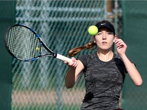 Olivia Novosel from Assumption returns a forehand during the WECSSAA tennis championships at Parkside Tennis Club in Windsor on Oct. 16, 2017.