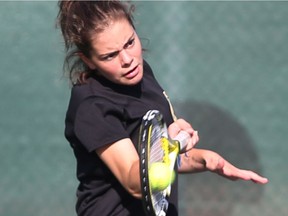 Riverside's Rosalia Rey, shown in action Monday at the WECSSAA tournament, won the girls' singles title on Tuesday at the SWOSSAA tennis championships in Windsor.