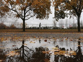 A walker is shown along the Ganatchio Trail on a wet and windy day on Oct. 28, 2015.