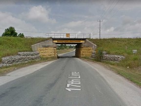 The CN railway bridge on 17th Line in the community of Zorra, Ontario, is shown in this 2016 Google Maps image.