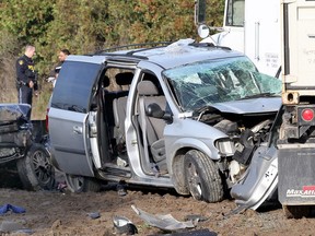 OPP collision investigators work at the scene of a serious multi-vehicle crash on County Road 18 west of County Road 31 on Nov. 3, 2017.