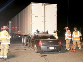 Tecumseh firefighters and OPP were on westbound Highway 3 at Malden Road Monday after a Chrysler 300 collided with the rear of a tractor-trailer. Essex-Windsor EMS transported one person to hospital with non-life-threatening injuries. Traffic was slowed near the scene until vehicles were towed.