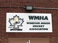 Windsor Minor Hockey Association sign over exterior doors at Adie Knox Arena.