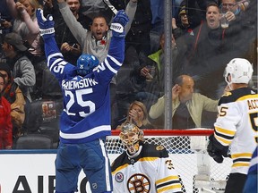 James van Riemsdyk scores game-tying goal against Anton Khudobin of the Boston Bruins at 19:00 of the third period at the Air Canada Centre, Nov. 10, 2017, in Toronto. The Leafs defeated the Bruins 3-2 in overtime.