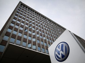 (FILES) This file photo taken on May 19, 2017 shows the logo of German car maker Volkswagen (VW) outside the main administrative building of the Volkswagen brand at VW plant in Wolfsburg, central Germany.