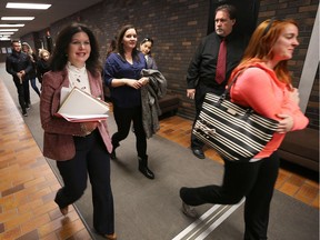 St. Clair College president Patti France, front left, walks with students on Nov. 20, 2017, at the main campus. She met with the students to answer questions about the return to school after a five-week strike.