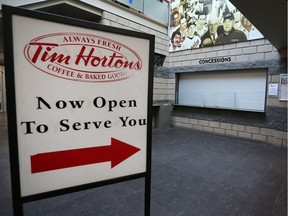A Tim Hortons sign is shown near the closed concession stand in the community rink area at the WFCU Centre on Tuesday. The provider of concessions at the WFCU Centre's community rinks is threatening to pull out of a deal with the city unless costs can be trimmed. The Tim Horton's is not part of the deal in question.