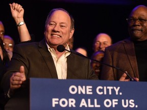 Detroit Mayor Mike Duggan speaks at the Duggan for Detroit reelection night party after winning the mayoral race against his opponent state Sen. Coleman Young II on Nov. 7, 2017, in downtown Detroit. Duggan will serve a second term as Detroit's mayor after defeating Young in Tuesday's election.