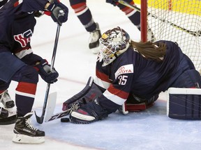 United States goaltender Maddie Rooney makes a save during the second period of the Four Nations Cup hockey game against Finland on Nov. 7, 2017 in Wesley Chapel, Fla.