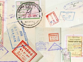 Passport stamps background with various countries.