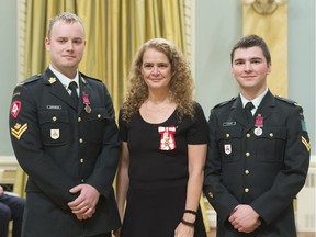 November 23, 2017 Rideau Hall, Ottawa, Ontario, Canada   Her Excellency presents the Medal of Bravery to Master Corporal Alexander Zawyrucha, M.B. (left) and Corporal Matthew Thomas Lepain, M.B. (right). Her Excellency the Right Honourable Julie Payette, Governor General of Canada, presented 2 Stars of Courage and 39 Medals of Bravery at a ceremony at Rideau Hall, o