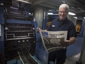 Chris Haslam, a press operator at the Windsor Star printing plant, reviews this year's edition of the Goodfellows paper, Nov. 17, 2017.  Volunteers will be out on the streets selling the papers for donations Nov. 23-25.