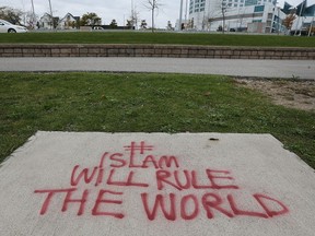 Graffiti about Islam is shown along the Windsor riverfront on Nov. 4, 2017.