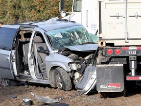The wreckage of a Dodge minivan involved in a three-vehicle collision with a tractor trailer on County Road 18 near Kingsville on Nov. 3, 2017.