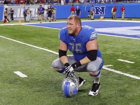 In this Sept. 24, 2017, photo, Detroit Lions offensive guard T.J. Lang is seen during an NFL football game against the Atlanta Falcons in Detroit.