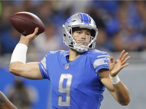 In this Oct. 8, 2017, photo, Detroit Lions quarterback Matthew Stafford throws against the Carolina Panthers during an NFL football game in Detroit. Detroit's passing game looks poised to take off during the second half of this season, but there are some factors beyond the Lions' control — such as the elements. The forecast calls for clear conditions Sunday when Detroit plays at Chicago, but Stafford can never be too sure about that when on the road against the Bears.