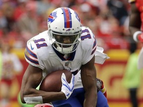 Buffalo Bills wide receiver Zay Jones (11) is tackled by Kansas City Chiefs defensive back Steven Nelson (20) during the first half of an NFL football game in Kansas City, Mo., Sunday, Nov. 26, 2017. (AP Photo/Charlie Riedel)