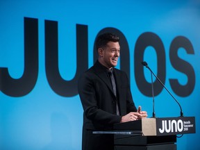 Michael Buble speaks after being introduced as the host of the 2018 Juno Awards, which will be held in Vancouver, during an announcement in Vancouver, B.C., on Nov. 21, 2017.