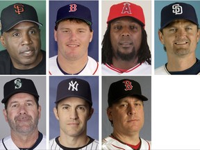 FILE - Top row from left are file photos showing San Francisco Giants' Barry Bonds in 2017; Boston Red Sox' Roger Clemens in 1987; Los Angeles Angels' Vladimir Guerrero in 2009 and San Diego Padres' Trevor Hoffman in 2008. Bottom row from left are Seattle Mariners' Edgar Martinez in 2017; New York Yankees' Mike Mussina in 2008 and Boston Red Sox' Curt Schilling in 2008. Trevor Hoffman, who fell five votes short last year on the Baseball Writers' Association of America ballot for baseball's Hall of Fame, heads holdovers that include Vladimir Guerrero, Edgar Martinez, Roger Clemens, Barry Bonds, Mike Mussina and Curt Schilling. (AP Photo/File)