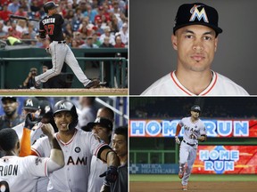 FILE - Clockwise from top left are 2017 file photos showing: Miami Marlins' Giancarlo Stanton hitting a two-run home run during the third inning against the Washington Nationals in Washington; Giancarlo Stanton in 2017; Stanton running to third after hitting a two-run home run during the first inning against the Philadelphia Phillies in Miami; and Marlins' Giancarlo Stanton, right, and Dee Gordon (9) celebrating after Stanton's home run during the fourth inning against the New York Mets in Miami. Houston dynamo Jose Altuve and Yankees slugger Aaron Judge are the favorites for the AL MVP award while Miami Marlins' Giancarlo Stanton is the top candidate for the NL prize, to be announced Thursday, Nov. 16, 2017. (AP Photo/File)