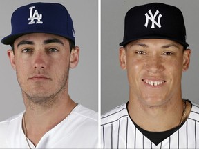 FILE - These are 2017 file photos showing Los Angeles Dodgers' Cody Bellinger, left, and New York Yankees' Aaron Judge. Aaron Judge of the Yankees and Cody Bellinger of the Dodgers are favored to win Rookie of the Year honors when the votes are announced Monday night, Nov. 13, 2017. (AP Photo/File)