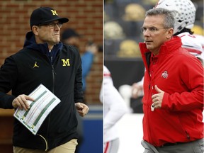 At left, in a Nov. 11, 2017, file photo, Michigan head coach Jim Harbaugh runs onto the field with his team before an NCAA college football game against Maryland in College Park, Md. At right, in a Nov. 4, 2017, file photo, Ohio State head coach Urban Meyer runs onto the field before an NCAA college football game against Iowa, in Iowa City, Iowa. A narrow path has opened that could see the Buckeyes sneaking back into the final four. That would require robust victories over unranked Michigan at Ann Arbor on Saturday and another one against No. 5 Wisconsin in the Big Ten Championship Game. Some other teams would have to create some chaos in the rankings for Ohio State to get in, but it could happen.