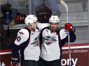 Just over five months after scoring the game-winning goal in the Memorial Cup against the Erie Otters, Windsor Spitfires Aaron Luchuk, seen at right next to teammate Louka Henault, once again notched the game-winning goal against the Otters on Saturday in a 4-3 overtime win in Erie.