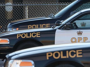 A group of Ontario Provincial Police vehicles is shown in 2012.