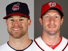 Cy Young winners Corey Kluber of the Cleveland Indians, left, and Max Scherzer of the Washington Nationals