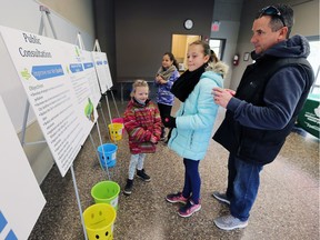 Sean Main and his daughters Raia, 6, Tabitha, 9 and Kylie, 11, check out a City of Windsor open house on the Environmental Master Plan on Nov. 4, 2017 at the Ojibway Nature Centre.