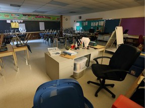 A classroom filled with desks, tables and chairs is seen inside St. Bernard Catholic School in Amherstburg on June 24, 2016.