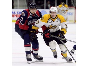 Windsor Spitfires' Lev Starikov (71) tries to slow Sarnia Sting's Sean Josling (27) in the first-period action in Sarnia, Nov. 17, 2017.
