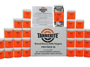 An image of products from the official Tannerite website. The  binary explosive is used for long-range firearm target practice and can be legally purchased and possessed in Canada with a licence.