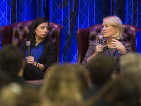 Lillian Reaume, left, from Amazon, and Debbie Landers, from IBM, appear during a panel discussion at the Windsor-Essex Tech Show, part of Tech Week, at the Caboto Club on Nov. 14, 2017.