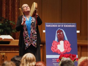 The first Transgender Day of Remembrance ceremony in the city was held Nov. 20, 2017, at the Emmanuel United Church in Windsor. Poets, performers, speakers and representatives from the Windsor Police Service attended the event. Theresa Sims of the Can-Am Friendship Centre plays a ceremonial drum for the crowd.