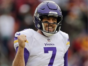 In this Nov. 12, 2017, photo, Minnesota Vikings quarterback Case Keenum celebrates a touchdown during an NFL game against the Washington Redskins in Landover, Md.